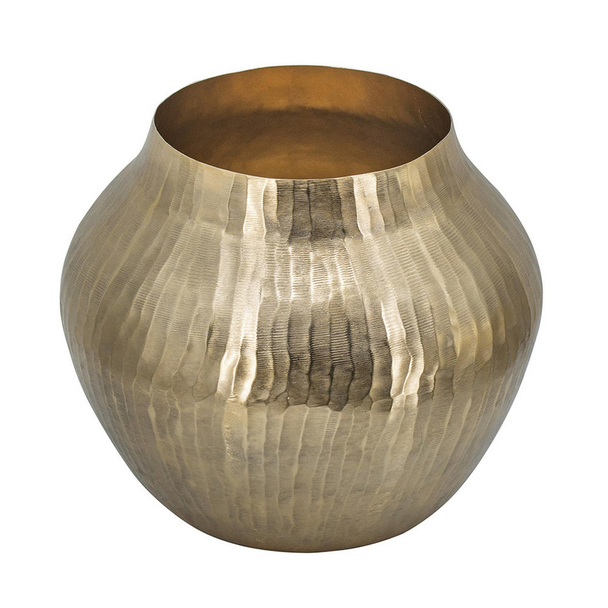 Hercules 13 Inch Modern Vase, Curved Shape, Hammered Texture, Gold Metal Finish