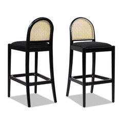 Neptune 30.5" Curved Back Cane Rattan Bar Stool, Set of 2, Ebony Black Boucle