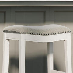 Story Bar-Height Backless Wood Narrow Saddle-Seat Barstool with Nailhead Trim, Farmhouse Whitewash with Gray Upholstered Seat, 1PC