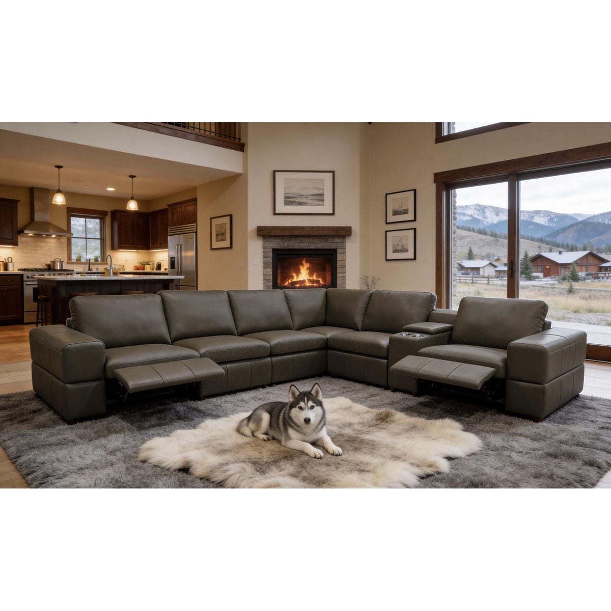 Premium Leather Match Upholstered Large Arms Sectional with Two Recliner Seats