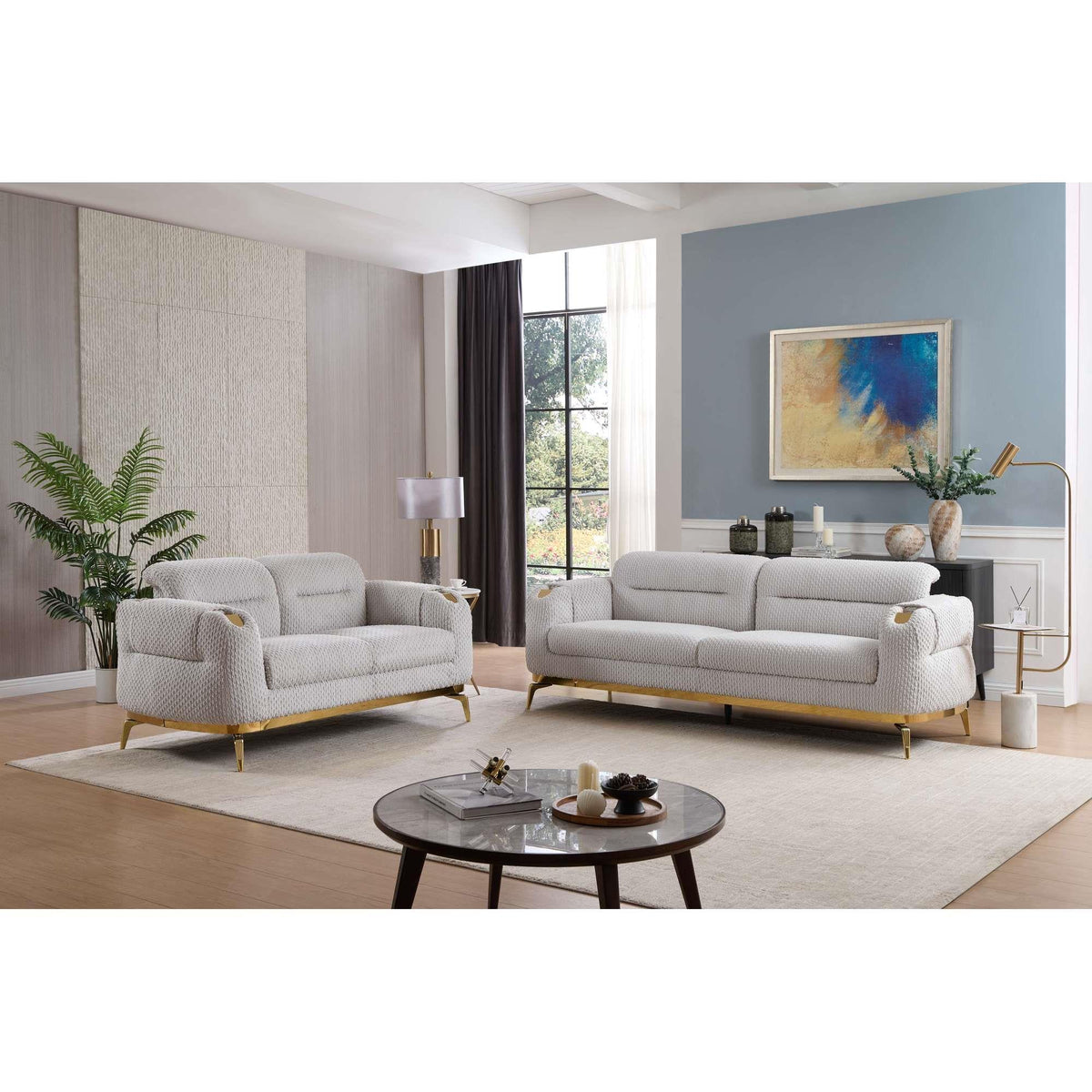 Vista Modern style 2PC Living room set (Sofa + Loveseat) made with wood and Gold accents in Gray (CA Warehouse Inventory)