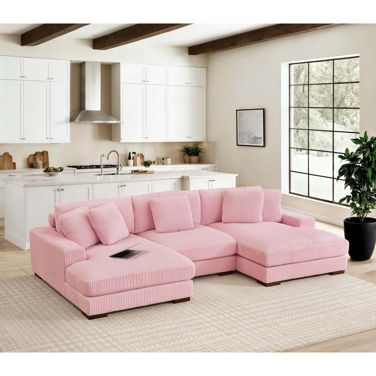 Large Seating Corduroy Upholstered Double Chaise Sectional