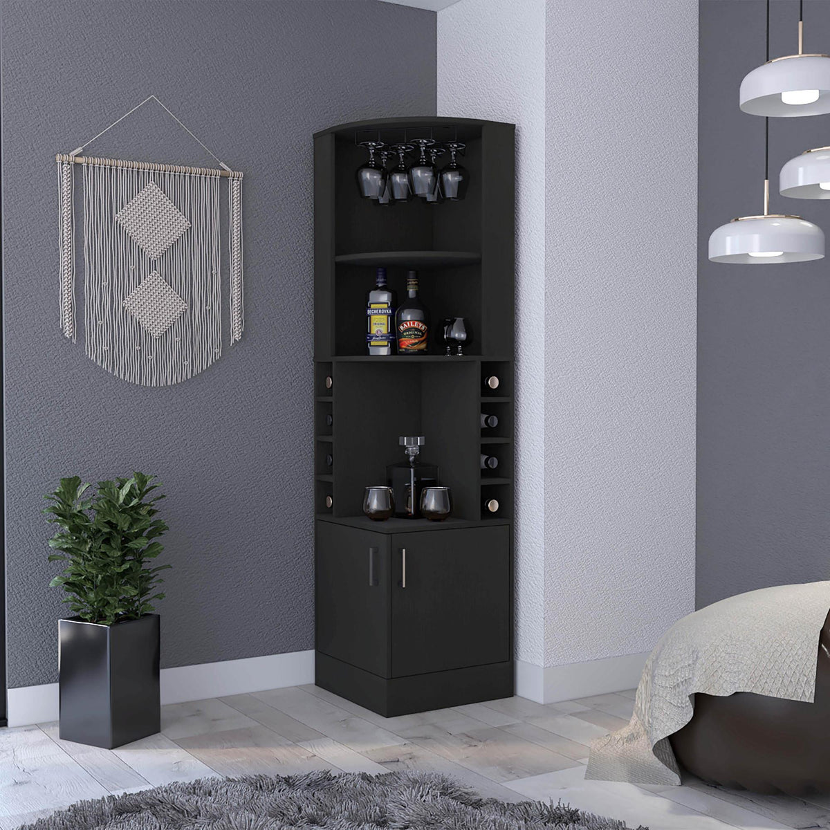 Asteroid Bar Cabinet, Double Door Cabinet, Glass Rack, Eight Built-in Wine Rack, Black