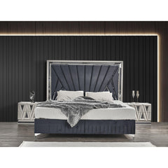 Vista Modern & Contemporary Style 4 Pc Queen Upholstered Bedroom Set Made with Wood and Gold Accents in River Sand Grey