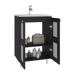 Neptune Bathroom Vanity Cabinet with 2 frosted glass Doors, Resin Sink and 2 Interior Shelves Cabinet, Compact Vintage and Modern Bathroom Vanity