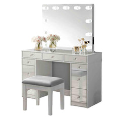 Contemporary Style 1pc Vanity w/ Stool Set Glass Top Storage Drawers Central Mirror w/ Bulbs USB And Power Outlet White and Gray Finish