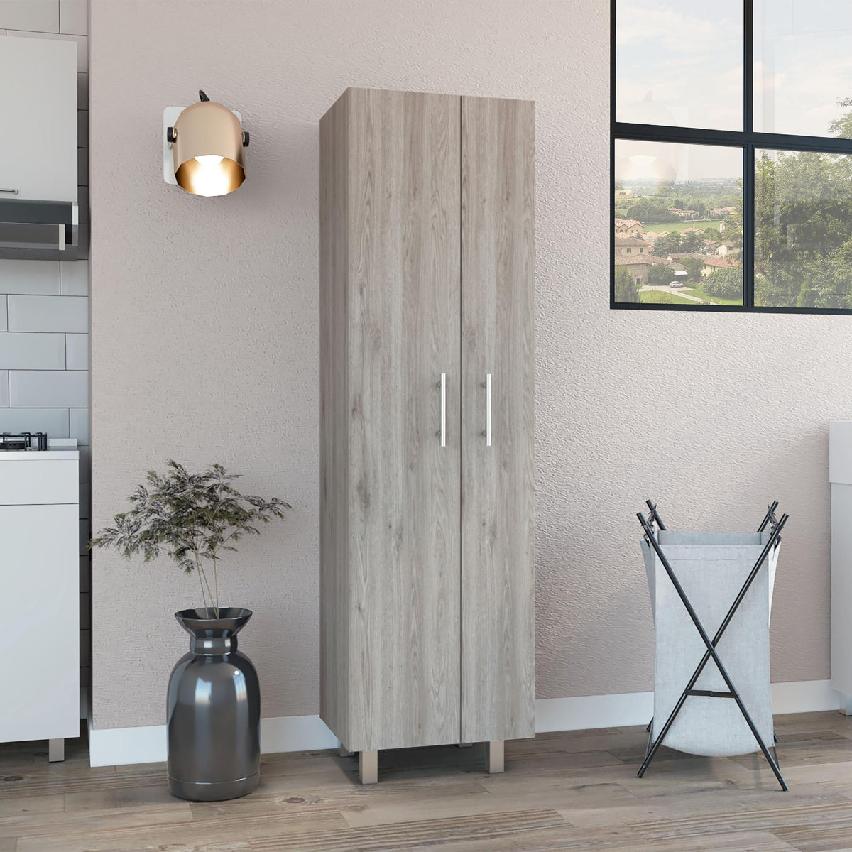 Oasis Cleaning Cabinet, Double Door Cabinet, Four Legs, Five Shelves -Light Gray / White