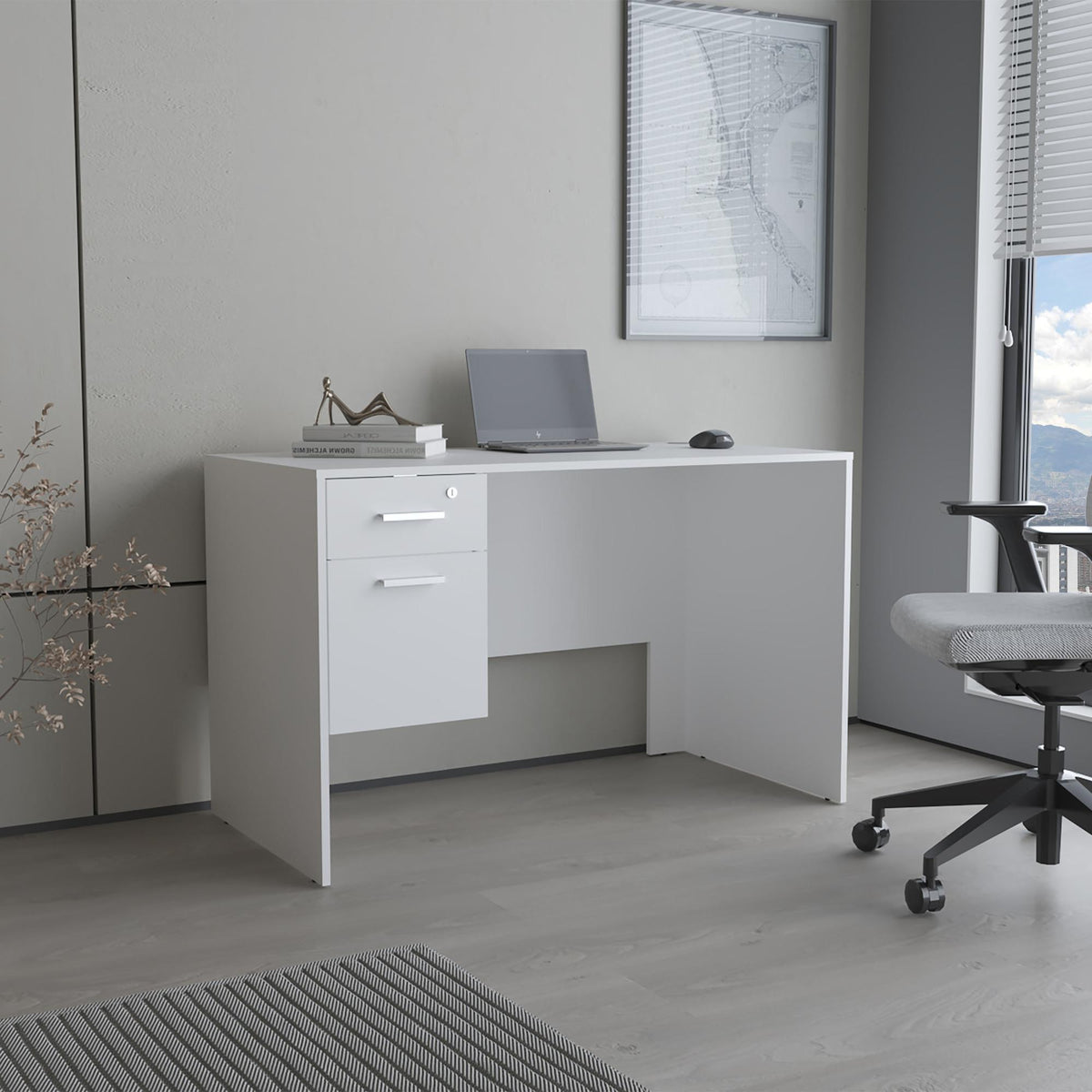 Hades Modern Office Desk with Two Drawers and Side Storage, Compact Computer Workstation for Home Office or Study Room