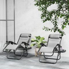 Zero Gravity Lounge Chair Set, 2 Pieces Reclining Folding Outdoor Lounge Chairs with Headrest Side Tray, Light Gray