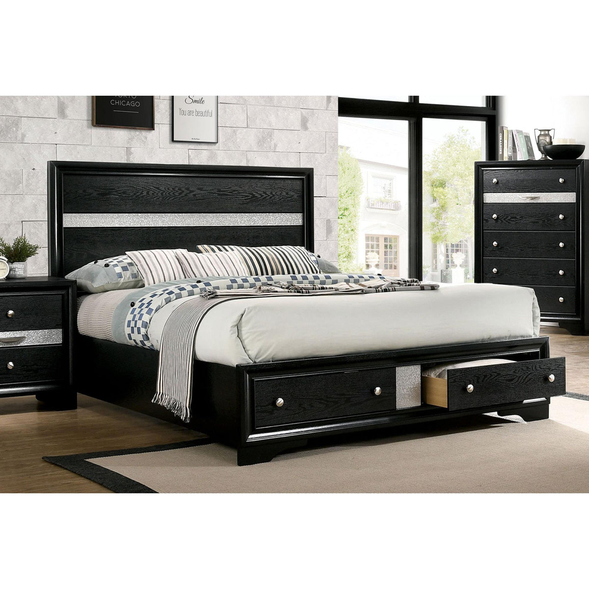 Contemporary Black Color Panel Headboard 1pc King Size Bed w Drawers Beautiful Bedroom Furniture