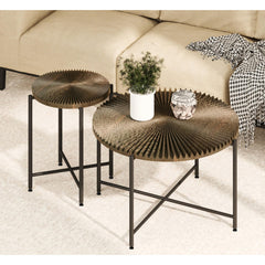Nebula Pattern 2-Piece Coffee and End Table Set – Waterproof MDF with PVC Cover, Distressed Cylindrical Design, Black Metal Legs – Classic Rustic Charm, Dark Walnut