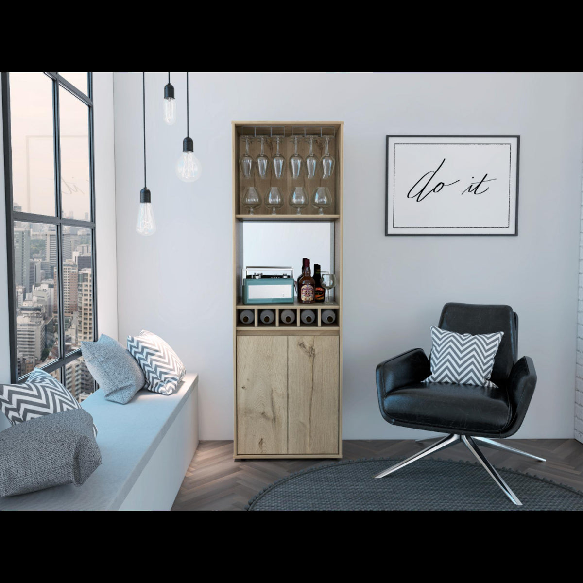 Harmony Bar Cabinet, Two Shelves, Five Built-in Wine Rack, Double Door -Light Oak