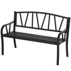 50" Outdoor Bench, Metal Garden Bench with V-Shaped Pattern Backrest, Porch Bench with Slatted Seat for Park, Yard, Lawn, Black