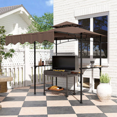 8' x 7.6' Outdoor Grill Gazebo, Barbecue Gazebo Shelter with Side Awning, 2 Side Shelves and 6 Hooks, Brown