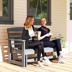 Patio Glider Bench w/ HDPE Slatted Double Rocking Chair, Distressed Gray