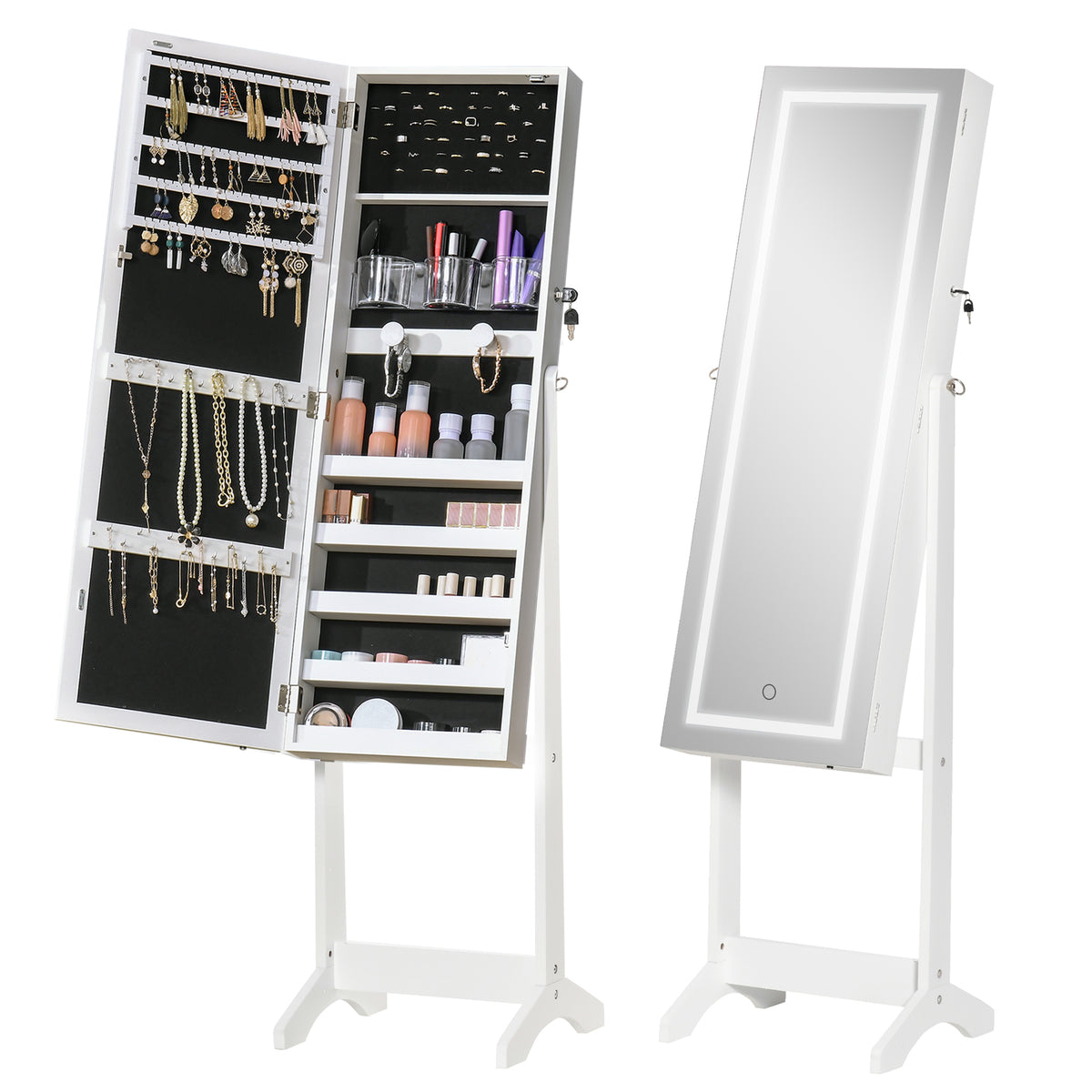 60" Full-Length Mirror Jewelry Storage Armoire w/ Lockable Door & Key, White