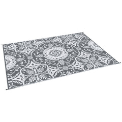 Outdoor Rug for Patio, 9' x 12' Waterproof Large Mat, Reversible Plastic Straw Rug for Decor, Portable Outside RV Camping Area Carpet Mat for Backyard Porch Deck Picnic, Gray & White Floral