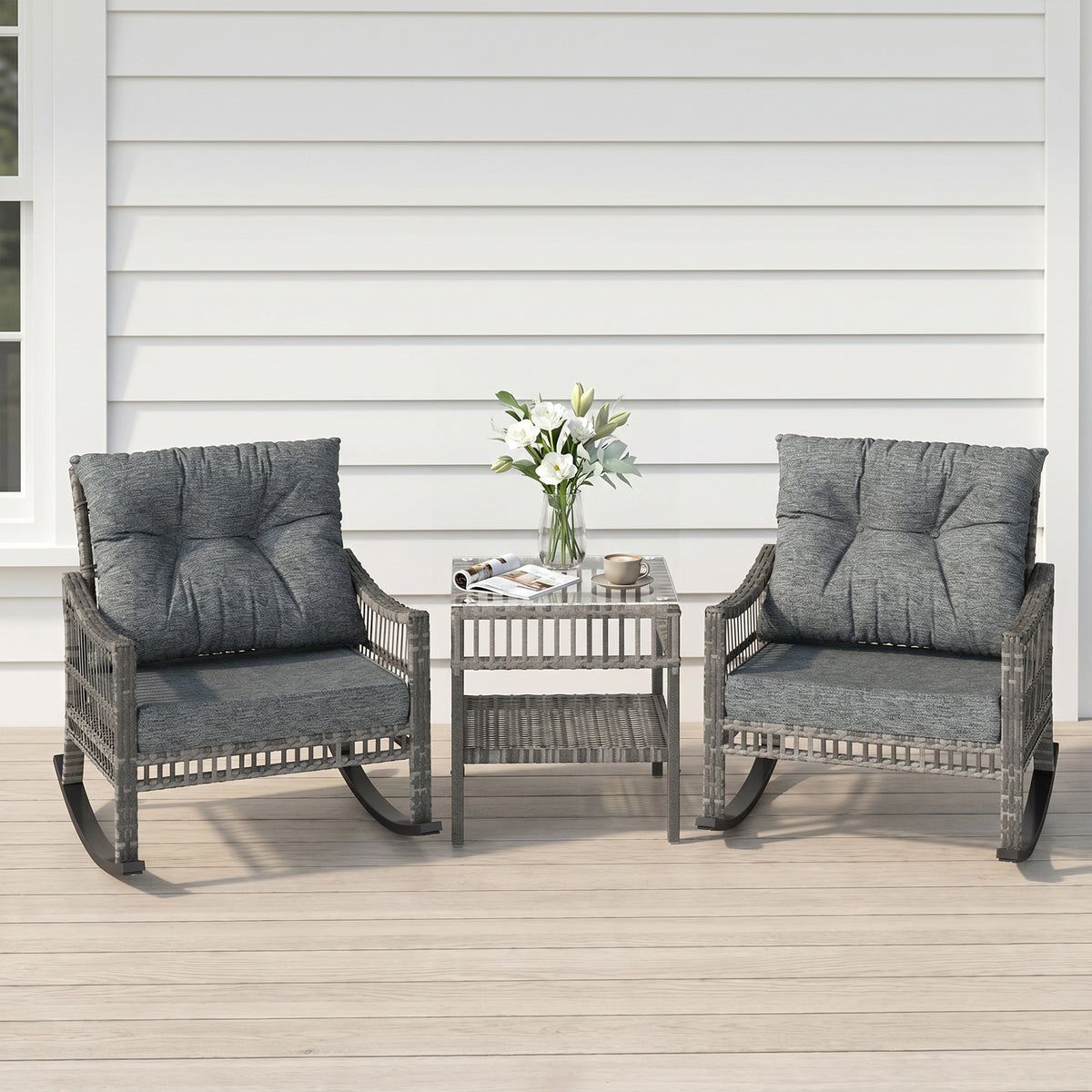 3 Piece Outdoor PE Rattan Rocker Chair Set, Rocking Chair with Tempered Glass Table Top, Gray