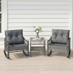 3 Piece Outdoor PE Rattan Rocker Chair Set, Rocking Chair with Tempered Glass Table Top, Gray