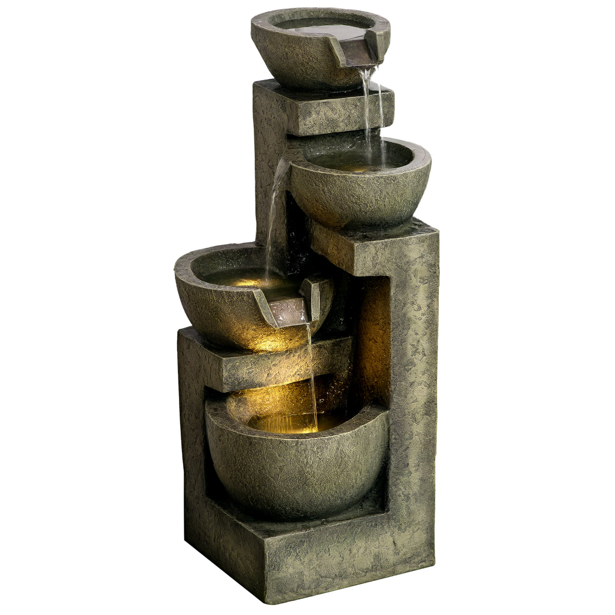 Outdoor Fountain with 4-Tier Stacked Stone Look Bowls, Cascading Waterfall, Adjustable Flow & LED Lights, Gray