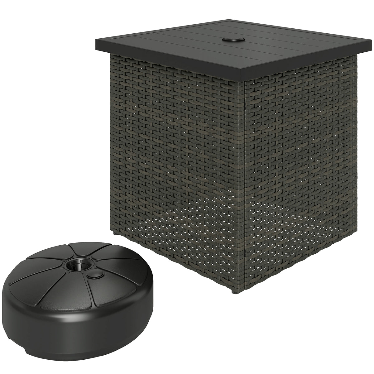 Wicker Side Table with 1.5" Umbrella Hole, Square Outdoor End Table with UV-Resistant Frame, Storage Space, Mixed-Brown
