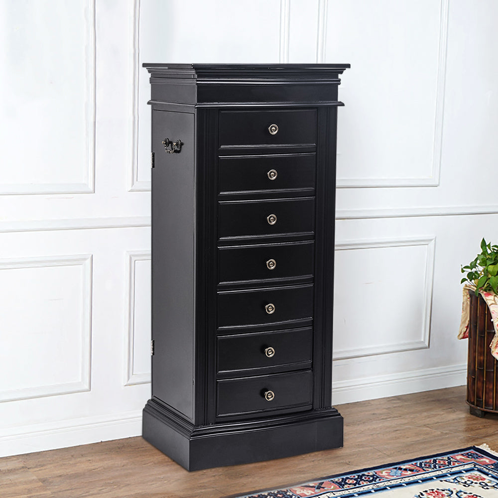 Jewelry Armoire with Mirror, 7 Drawers & 24 Necklace Hooks, 2 Side Swing Doors(Black)