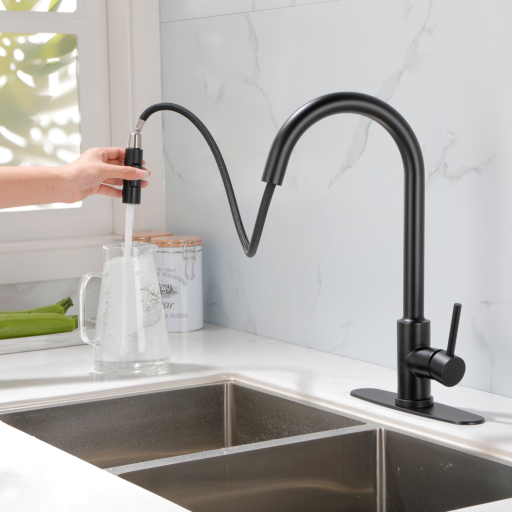 Single Handle High Arc Pull Out Kitchen Faucet,Single Level Stainless Steel Kitchen Sink Faucets with Pull Down Sprayer