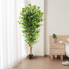 A 6-foot artificial banyan tree with a solid wood trunk and 1260 green leaves in a bedroom.