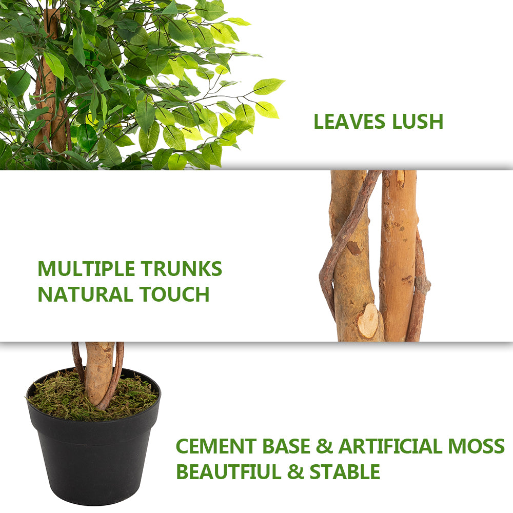 6-foot artificial banyan tree with solid wood trunk, 1260 green leaves, and cement base.