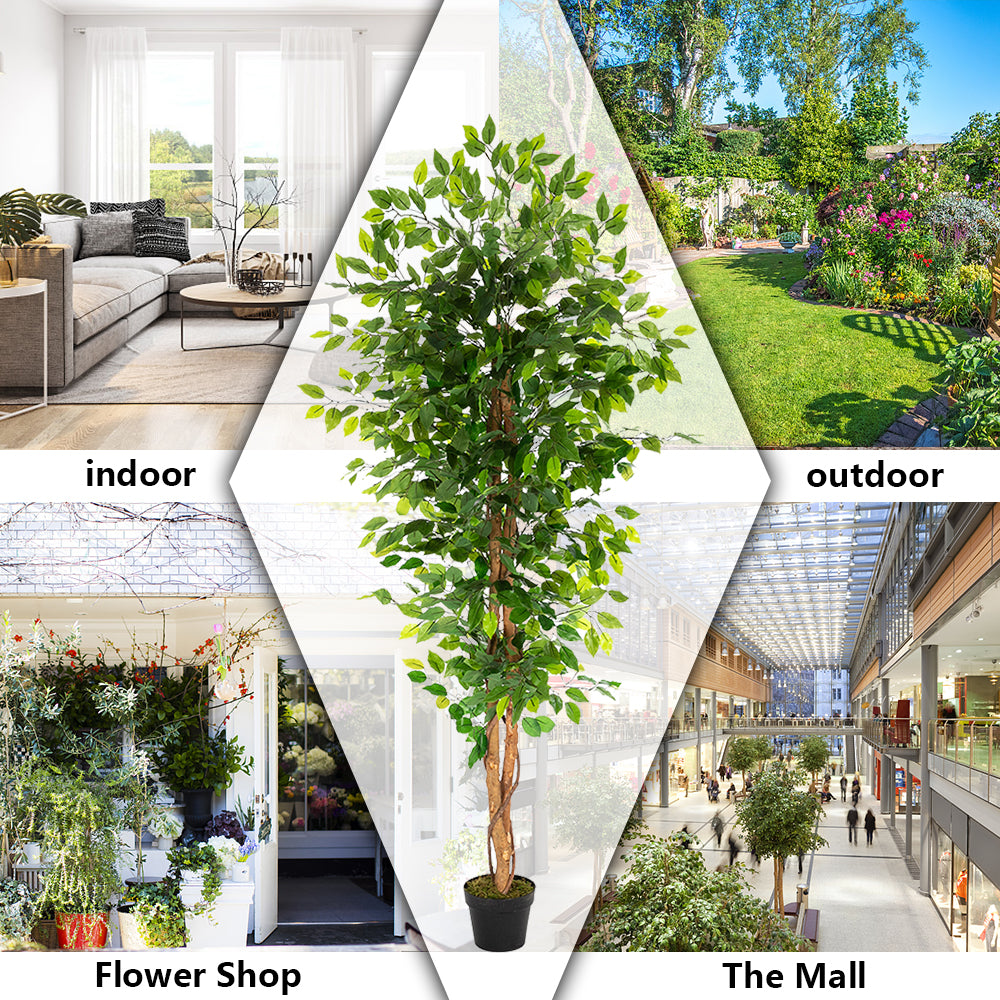 6FT artificial banyan tree with solid wood trunk and 1260 green leaves for indoor or outdoor use.