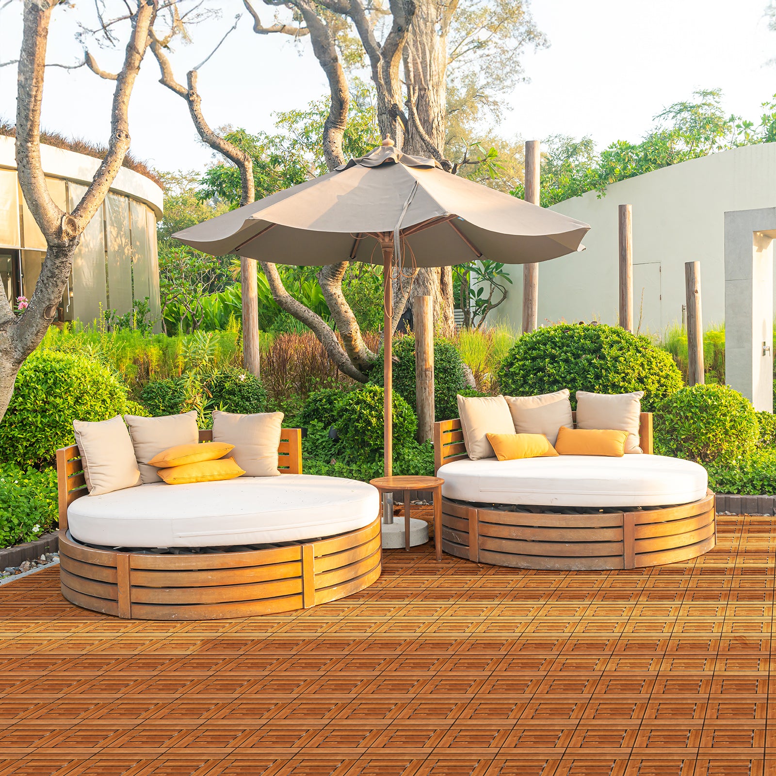 27pcs Wood Interlocking Deck Tiles 11.8"x11.8", Waterproof Flooring Tiles for Indoor and Outdoor, Patio Wood Flooring for Patio Porch Poolside Balcony Backyard, Checked Pattern