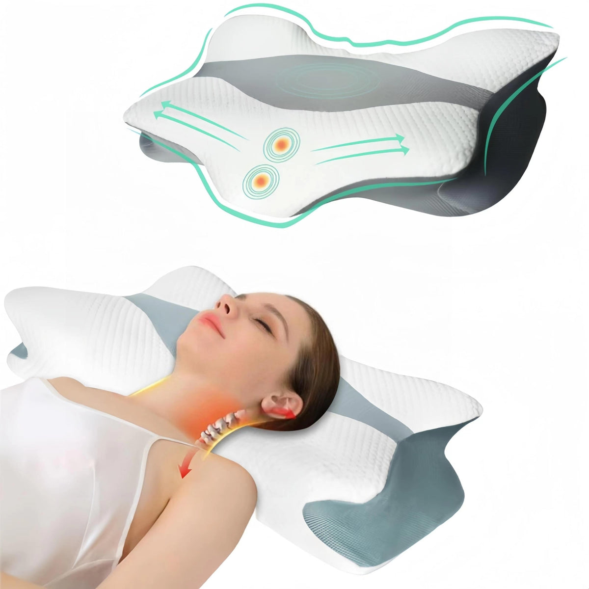 White ergonomic memory foam neck pillow supporting a woman's head and neck.