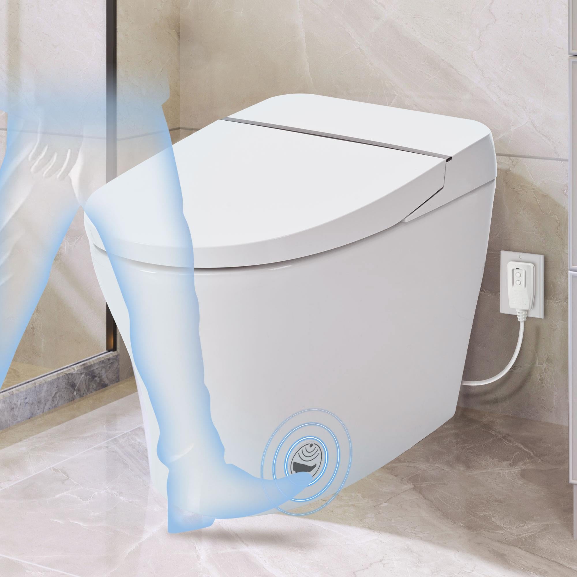 Heated Seat Smart Toilet  without Bidet, Upmarket Compact Dual Flush Toilet 1/1.28 GPF, Tank less toilet with Adjustable Temp Heated Seat, Foot sensor Flush, White Night Light, Knob Control, Power Out