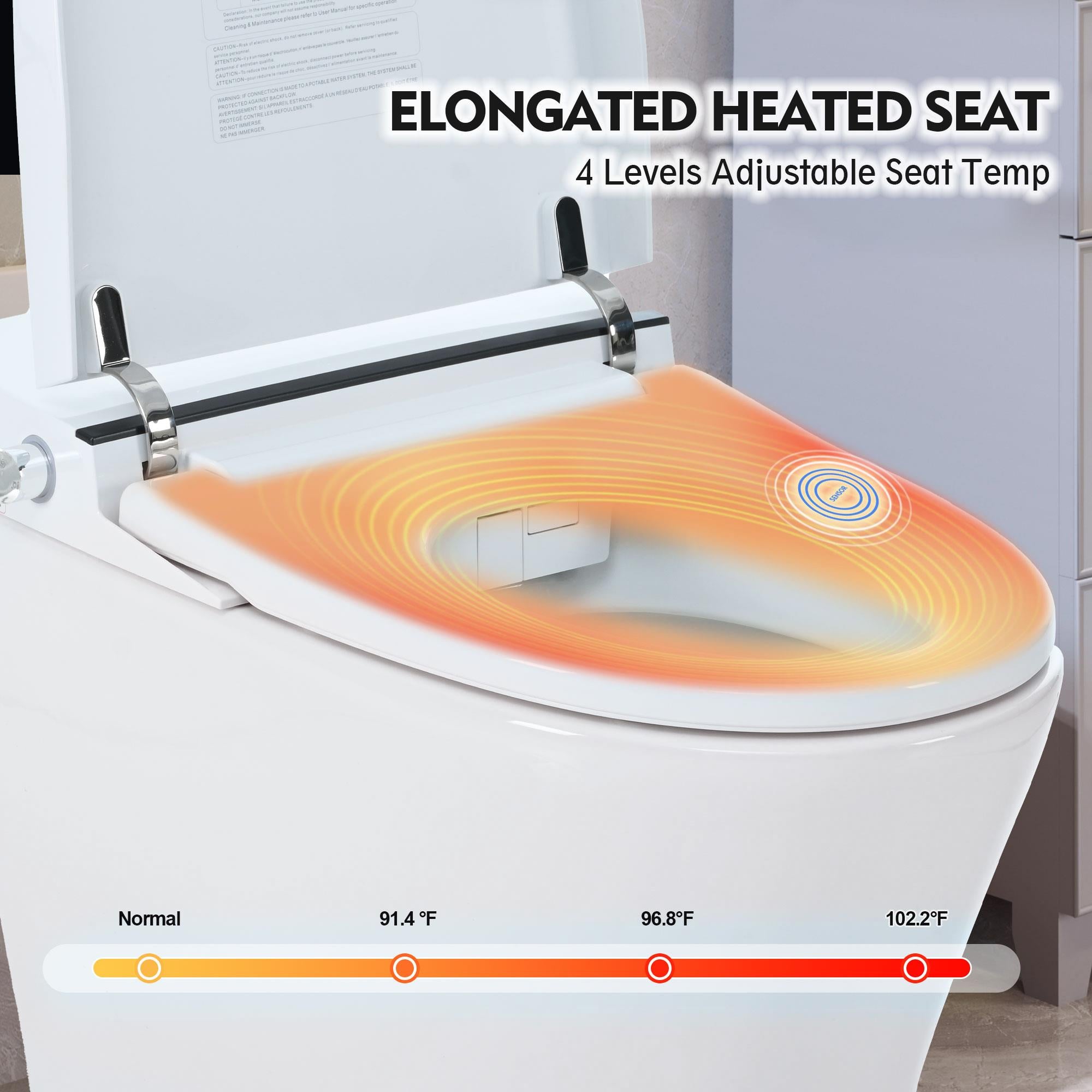 Heated Seat Smart Toilet  without Bidet, Upmarket Compact Dual Flush Toilet 1/1.28 GPF, Tank less toilet with Adjustable Temp Heated Seat, Foot sensor Flush, White Night Light, Knob Control, Power Out