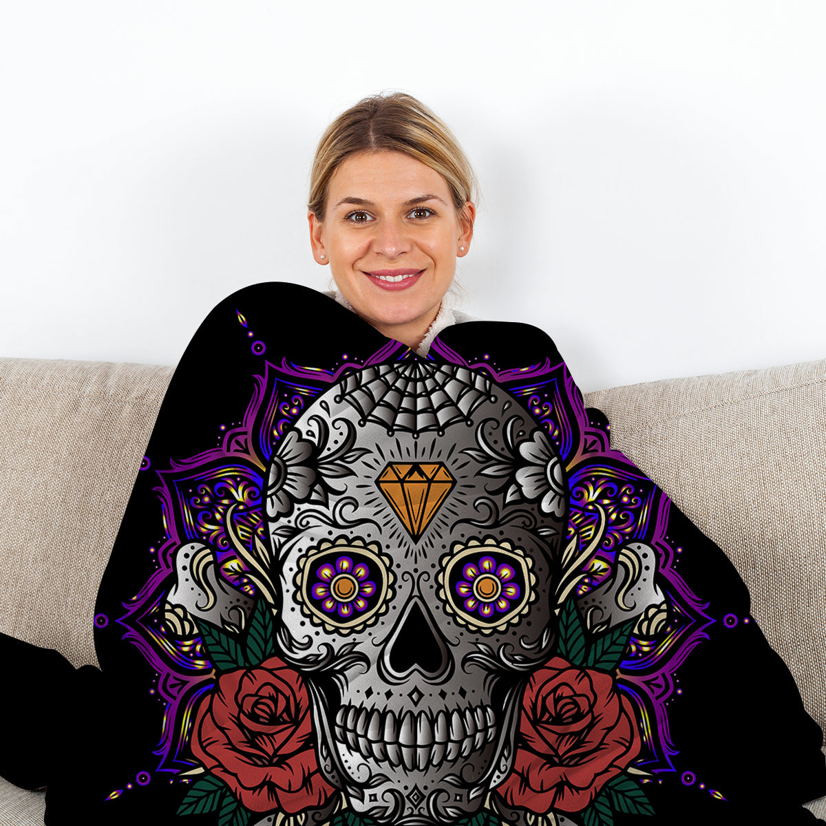 3D Rose Skull Flannel Throw Blanket Fluffy Skull Blanket for Women Adult Men Mandala Skull Blanket Candy Skull Throw Blanket Skull Gifts 130X150cm
