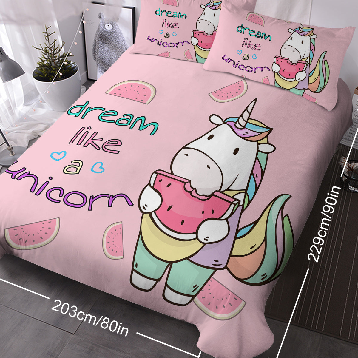 3 Pieces Unicorn Watermelon Duvet Cover Set for Comforter Bedding Queen Size Pink