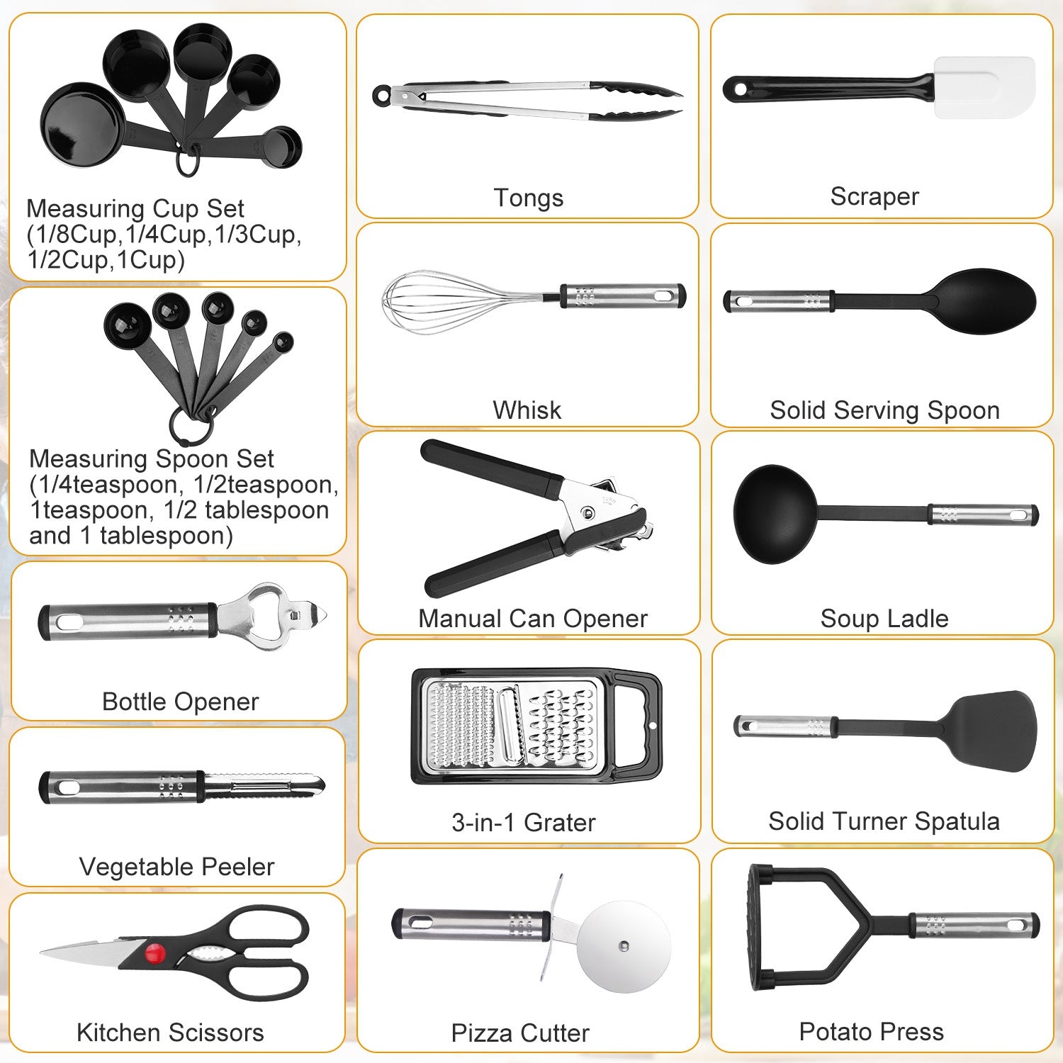 23Pcs Kitchen Utensil Set Stainless Steel Nylon Heat Resistant Cooking Utensil Tool Kit w/ Grater Scraper Tongs Whisk Can Bottle Opener Pizza Cutter Vegetable Peeler Spoon Ladle Turner Spatula Potato