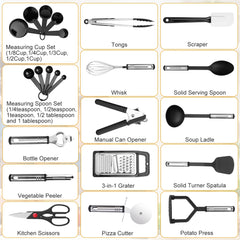 23Pcs Kitchen Utensil Set Stainless Steel Nylon Heat Resistant Cooking Utensil Tool Kit w/ Grater Scraper Tongs Whisk Can Bottle Opener Pizza Cutter Vegetable Peeler Spoon Ladle Turner Spatula Potato