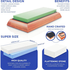 Sharp Pebble Knife Sharpening Stones Kit -Grits 400/1000/6000 Extra Large Whetstone- Wet Stone Knives Sharpener Set with NonSlip Bamboo Base & Flattening Stone