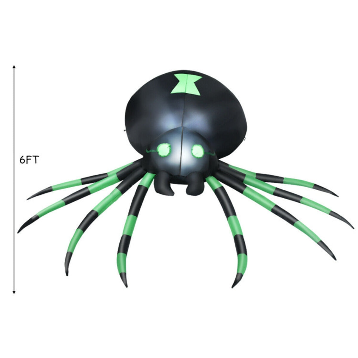 A 6-foot inflatable black spider with green striped legs and glowing green eyes.
