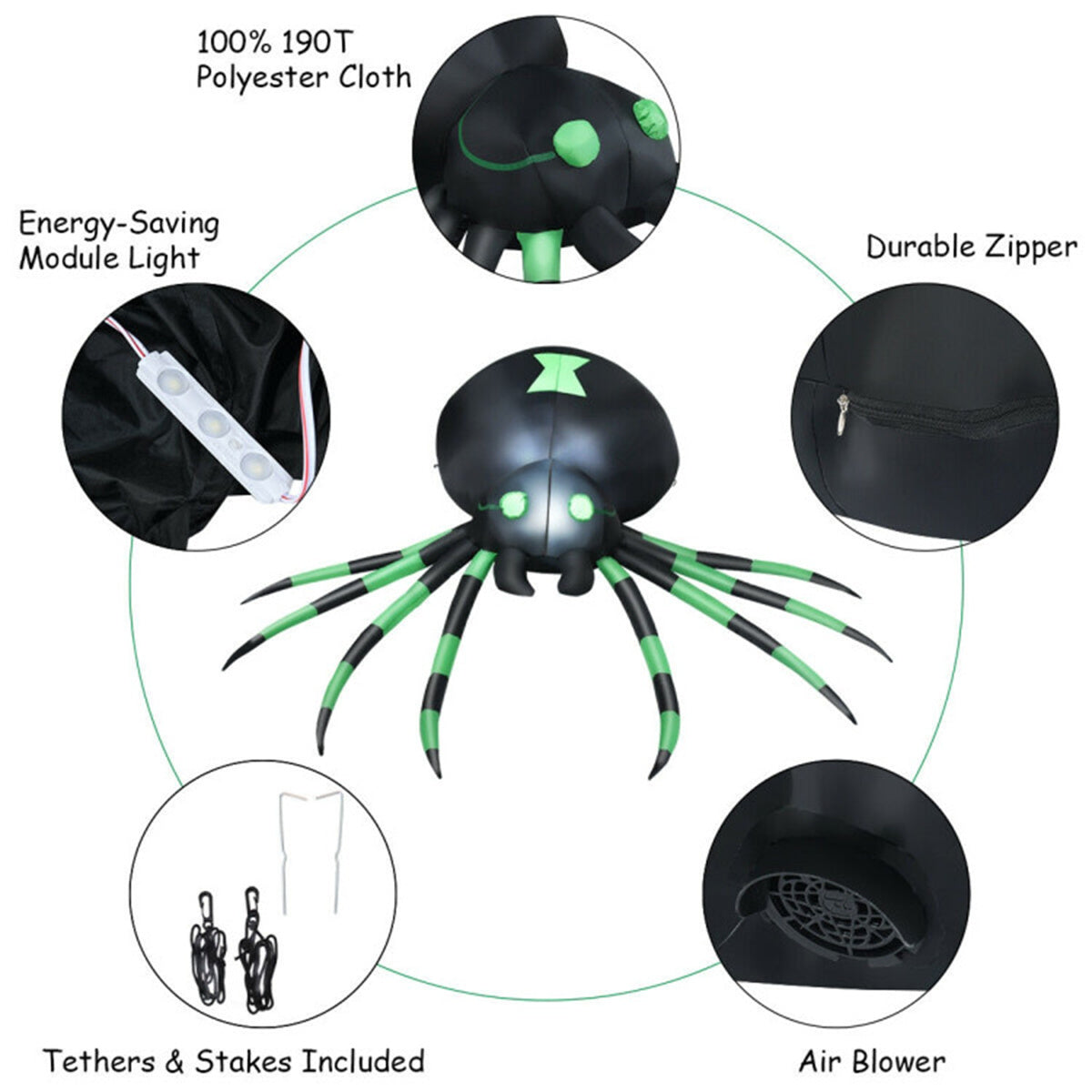 A black inflatable spider with green accents, featuring close-ups of its components.