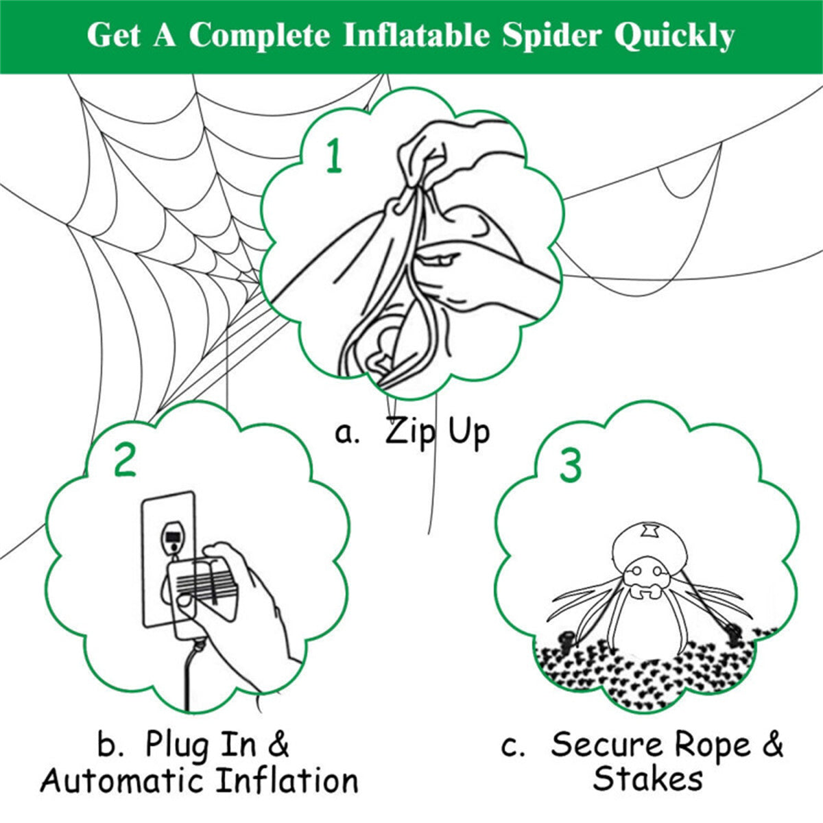 Instructions for setting up an inflatable spider decoration.