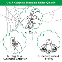 Instructions for setting up an inflatable spider decoration.