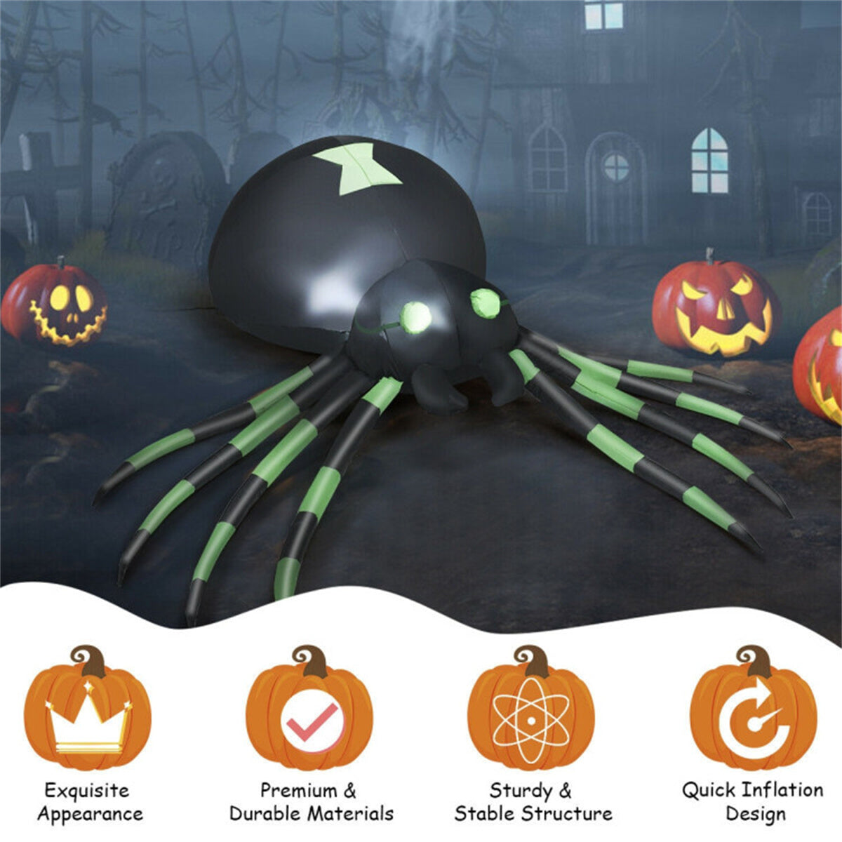 A large black inflatable spider with green glowing eyes and leg stripes, surrounded by jack-o'-lanterns.