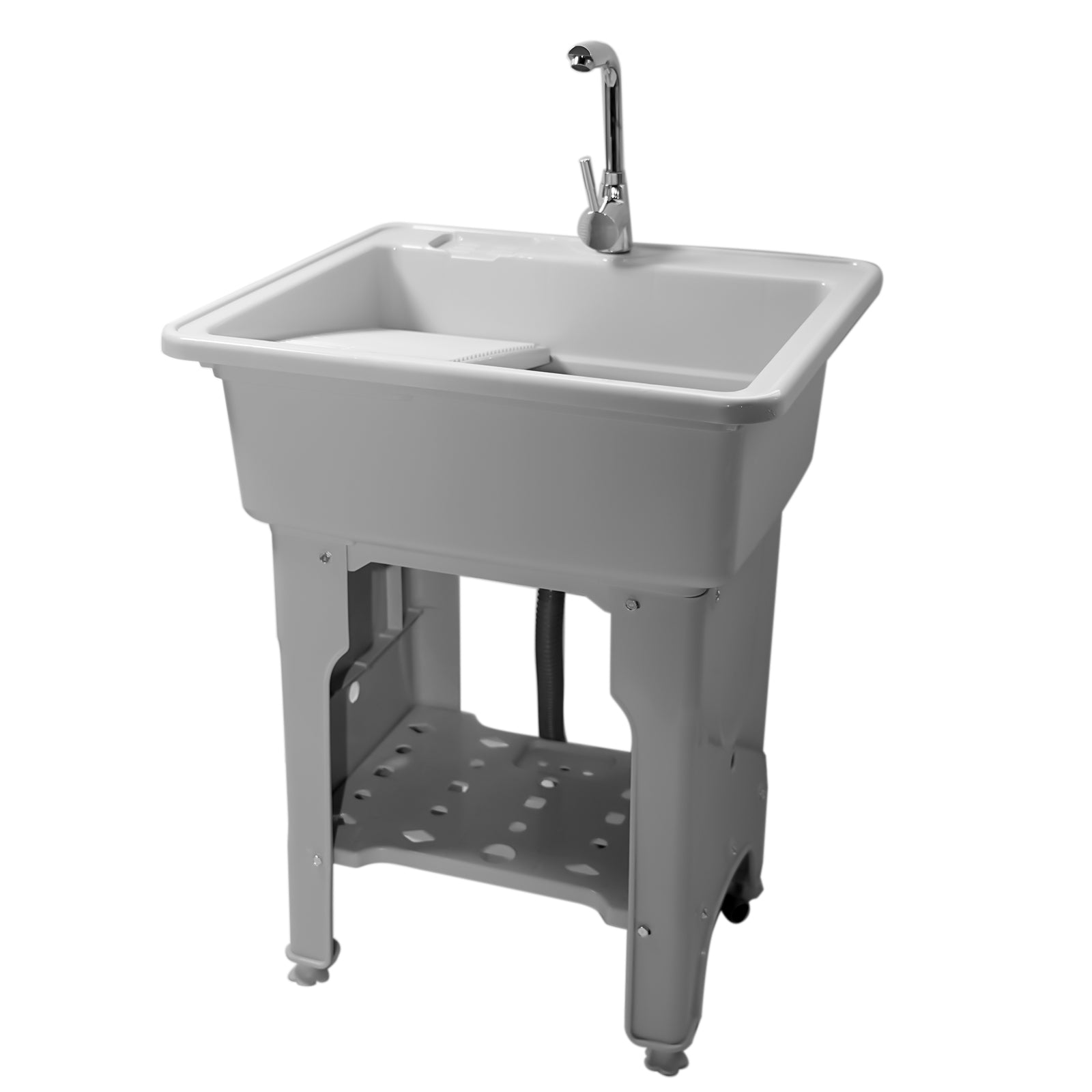 Grey Indoor Outdoor Freestanding Laundry Sink with Washboard, Faucet, Hoses Drain Kit