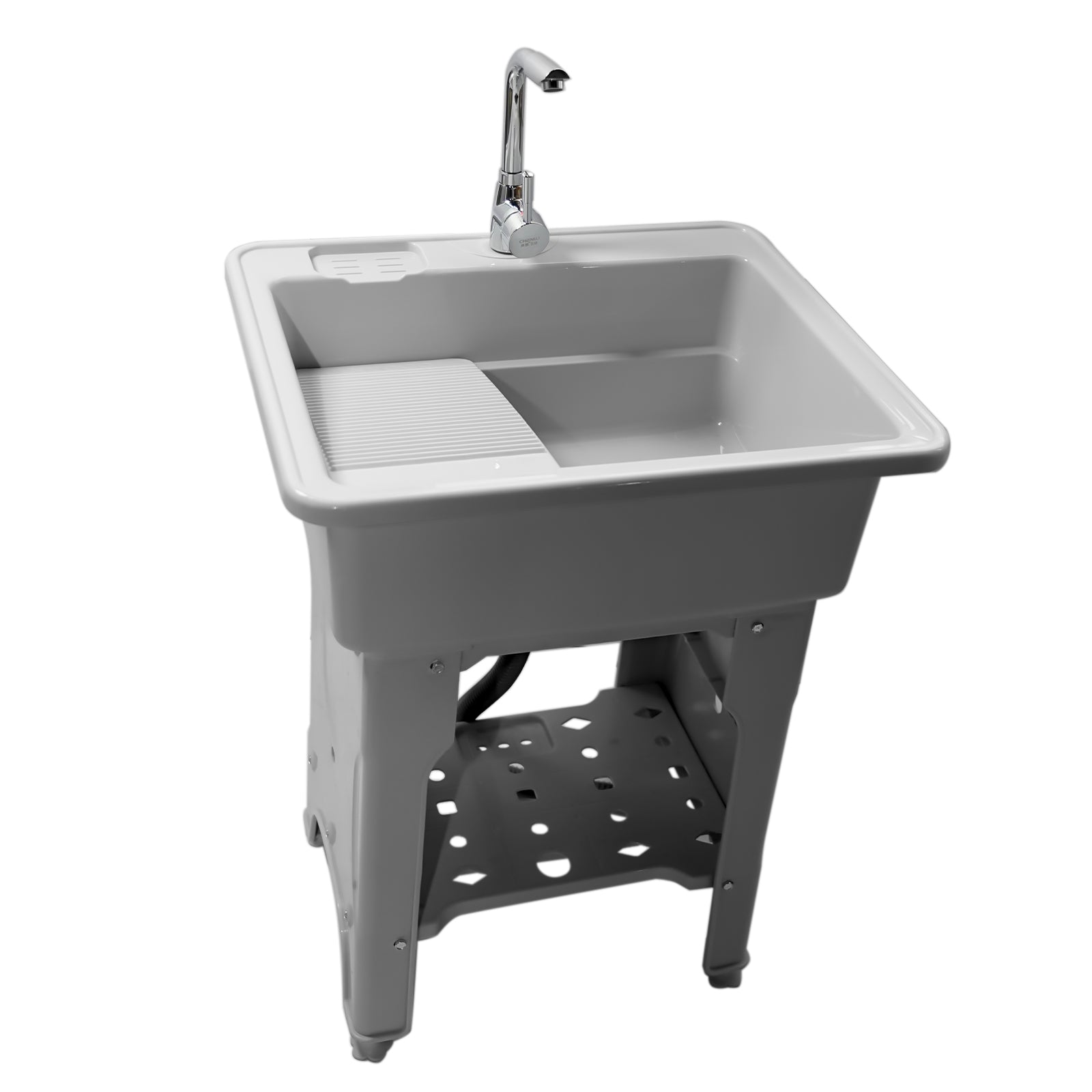 Grey Indoor Outdoor Freestanding Laundry Sink with Washboard, Faucet, Hoses Drain Kit