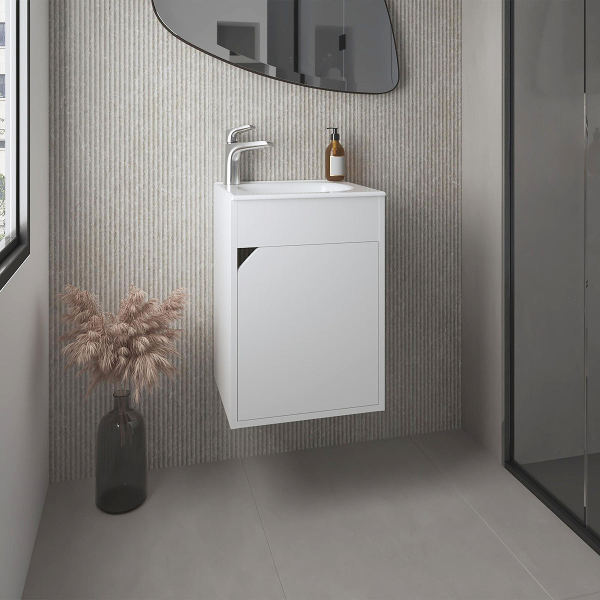 Tale Floating Wide One-Door Vanity With Resin Sink And Two Shelves, Bathroom Storage, White