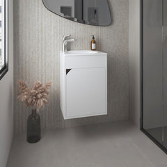 Tale Floating Wide One-Door Vanity With Resin Sink And Two Shelves, Bathroom Storage, White