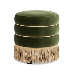 Neptune 17.5" Round Upholstered Ottoman with Bullion Fringe, Olive Green Performance Velvet