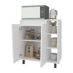 Epimetheus Microwave Sideboard Cabinet, Freestanding Compact Kitchen Pantry with 2-Door Cabinet Storage, 3 Side Open Shelves and, Appliance Surface, White